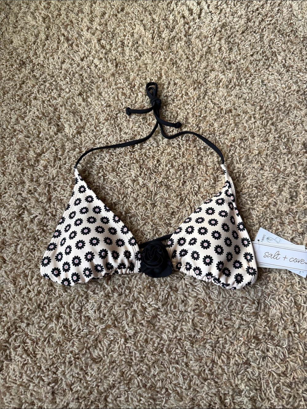 Salt + Cove Cream Bikini Top with Black Floral Print